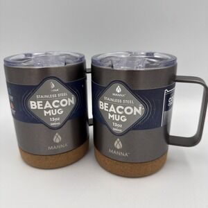 2 Manna Beacon Mug Silver Stainless Steel 13oz W/Built In Cork Coaster